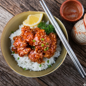 Korean Sesame Chicken with Brown Rice with drink