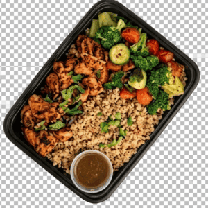 Healthy chicken, broccoli, carrots, and brown rice in meal prep container.